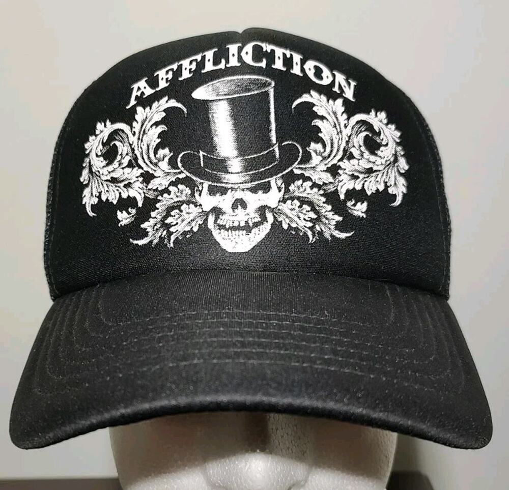 Affliction Skeleton Hat Cap Snap Back Black Mesh Trucker Hat One Size